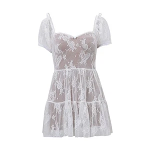 Adorable vestido con detalle de encaje para mujer con mangas abullonadas para todas las estaciones - Imagen 1 de 27