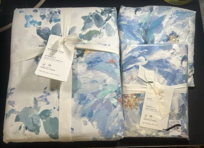 Pottery Barn Blue Kinsley Set King Cal King Duvet Cover & Shams Organic Percale - Image 1 of 4