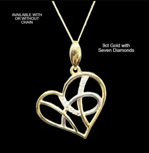 9ct Gold Diamond Pendant White & Yellow Heart Hallmarked Optional 9ct 46cm Chain - Picture 1 of 10