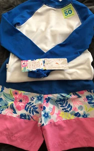 Tommy Bahama~Kids Unisex~Sz.5 T~Blue,White,Pink~2 Pc.Long Sleeve Swim Set~UPF-50 - Picture 1 of 5