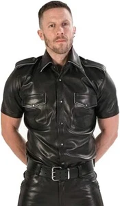 Men's Real Black Leather Police Shirt Gay Biker Schwarz Cuir Lederhemd Piping - Bild 1 von 4