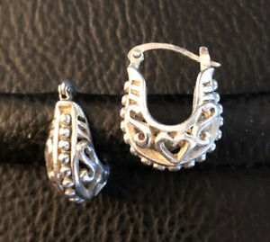 Sterling Silver Hoop Earrings Huggie Scroll Heart Bead Boho .75" 7g 925 #2814