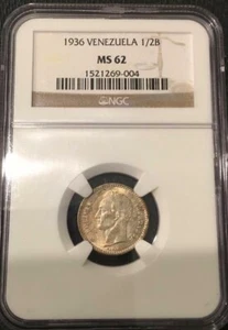 1936 Venezuela 1/2 Bolivar Silver Coin NGC MS 62 - Picture 1 of 4