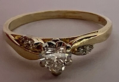Heart Solitaire 14k Solid Yellow Gold Diamond Ring. Estate, Vintage,  Antique, - Image 1 of 4