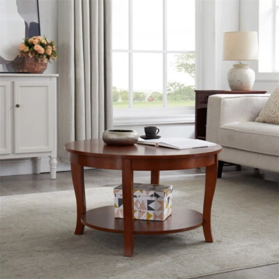 Traditional Coffee Table w/Storage 2 Tier Wood Circle Accent Table Living Room - Image 1 of 4