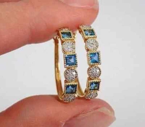 Pendientes de aro de topacio creado en laboratorio de 3,10 quilates corte princesa para mujer enchapados en oro amarillo de 14 quilates - Imagen 1 de 7