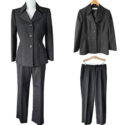 TAHARI 2-Piece Tailored Pant Suit Size Charcoal Gray 10 Petite Wool Blend - Image 1 of 4
