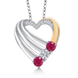 925 Silver and 10K Yellow Gold Ruby and White Lab Grown Diamond Heart Pendant - Picture 1 of 6