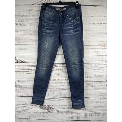 Pantalones de mezclilla para mujer Affliction 25 azules estilo moto desgastados cremallera pierna ajustados elásticos Foto 1 de 4