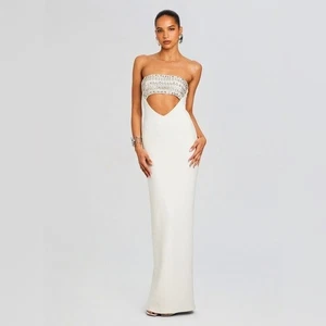 Nuevo con etiquetas Vestido Retrofete Cisne Blanco Maxi Vestido Cuentas Cristal Corte Sin Tirantes M - Imagen 1 de 16