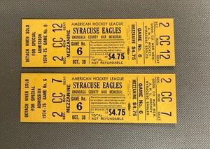 Pair Of 1974-75 Syracuse Eagles (AHL) Minor League Hockey Full Tickets - Picture 1 of 2