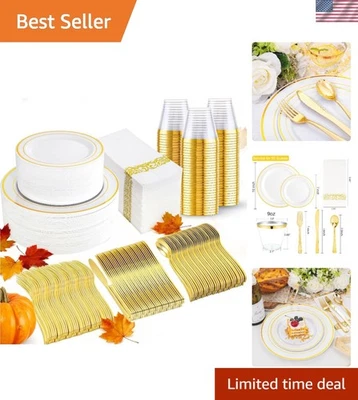 Gold Dinnerware Set for 50 Guests Plastic Plates Cups Napkins Silverware Party - Image 1 of 4