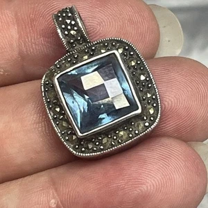 Womens Pendant Sterling Silver 925 Faceted Marcasite Blue Topaz? 1” - Picture 1 of 5