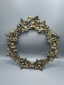 Vintage 3D Flat Sturdy Gold Metal Wreath Cherubs, Acorns And Leaves 13" D - Picture 1 of 17