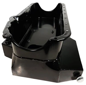NEW SBC OIL PAN,8 QT,7" DEEP,BLACK,RACING,5 TRAP DOORS,PRE-1986 CHEVY 2 PC REAR - Picture 1 of 4