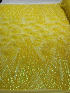 Yellow Iridescent Geometric Star Design With Sequin On A 4 Way Stretch Mesh-BTY - Picture 1 of 5