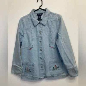 Giacca da lavoro donna vintage anni 90 denim lavaggio chiaro ricamata floreale, grande - Foto 1 di 10