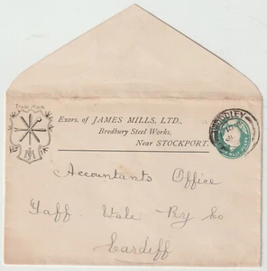 1904 WOODLEY PMK ½d STATIONERY ENV JAMES MILLS BREDBURY STEEL WORKS PICTORIAL - Picture 1 of 2