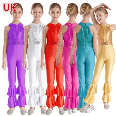Girls Gymnastics Leotard Metallic Bodysuit Ruffle Flared Ballet Jumpsuit Costume - Image 1 of 4