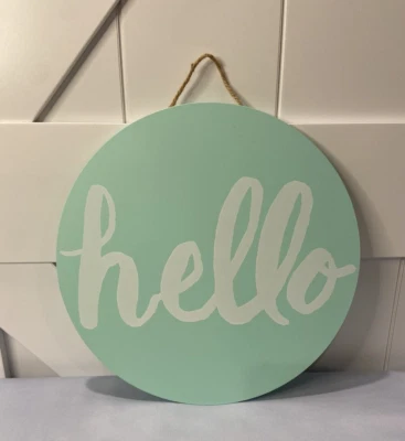 Round Wooden Home Decor Hello Sign Mint Green with White Lettering - Image 1 of 3
