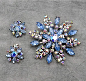 Judy Lee Brosche Ohrringe Vintage Strass Pin Set AB blau facettiert Kristall 132f - Bild 1 von 10
