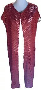 Handmade Knitted Crocheted Long Duster Vest Bright Red Boho See Thru - Picture 1 of 9
