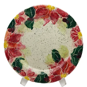 Backsplash Handmade Pottery Dinner Plate - 10" Pink Green Floral Flowers Signed - Picture 1 of 6