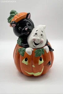 David's Cookies Cookie Jar Halloween Pumpkin Ghost Black Cat Ceramic - Picture 1 of 12