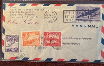 1946 Pan Am flight #C27 Detroit to Antigua November 1st cancel - Image 1 of 2