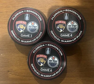 2025 Stanley Cup Final Florida Panthers Edmonton Oilers All Games Warm Up Pucks - Picture 1 of 2