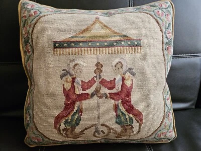 Needlepoint Pillow Monkey Motif With Chair  Tie Backs Down Insert  - Image 1 of 4