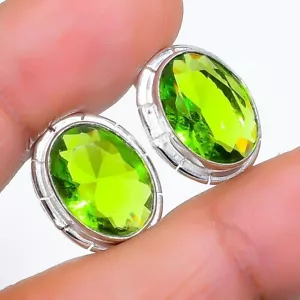 Green Peridot Gemstone 925 Sterling Silver Jewelry Stud Earring Size 0.75" - Picture 1 of 1
