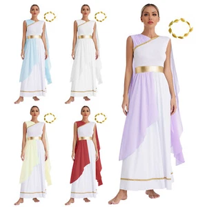UK Womens Roman Greek Queen Ancient Dresses Halloween With Gold Leaves Costumes - Picture 1 of 48