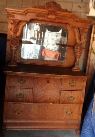 Antique Victorian Sideboard - Mercury Glass Mirror - GORGEOUS CARVED DETAILS Cover