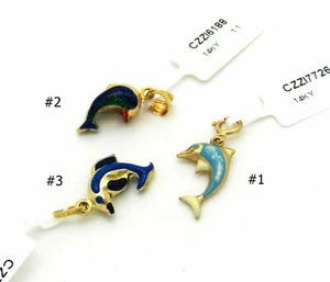 COLOR ENAMEL DOLPHIN 14K YELLOW GOLD HANDCRAFTED ASSORTED PENDANTS NIB # C19 - Picture 1 of 1