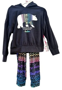 2 pc Justice Girls Polar Bear Black Print Winter Hooded Pajamas EXTRA SMALL 5/6 - Picture 1 of 2