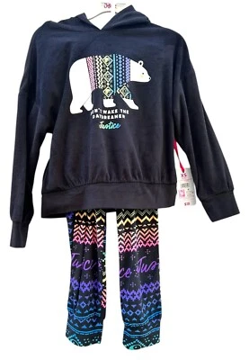2 pc Justice Girls Polar Bear Black Print Winter Hooded Pajamas EXTRA SMALL 5/6 - Image 1 of 2
