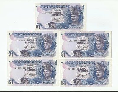 MALAYSIA  RM1 x 5pcs R/N Blindman 5th Series TDLR  AL_6338596~600 "UNC"   - Image 1 of 2