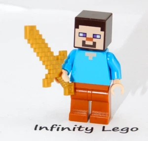 LEGO Steve Minifigure Dark Orange Legs Minecraft Gold Pixelated Sword (21135) - Picture 1 of 3