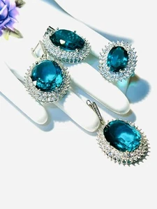 STERLING SILVER.925 STAMPED AQUAMARINE AND WHITE TOPAZ JEWELRY SET. - Picture 1 of 6