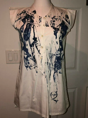 NWT McQ ALEXANDER MCQUEEN white cobalt blue button down shirt tunic mini dress 8 - Image 1 of 4