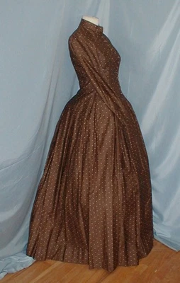 Antique Bustle Dress Victorian 1880 Brown Print Cotton Long Tunic Bodice - Image 1 of 4