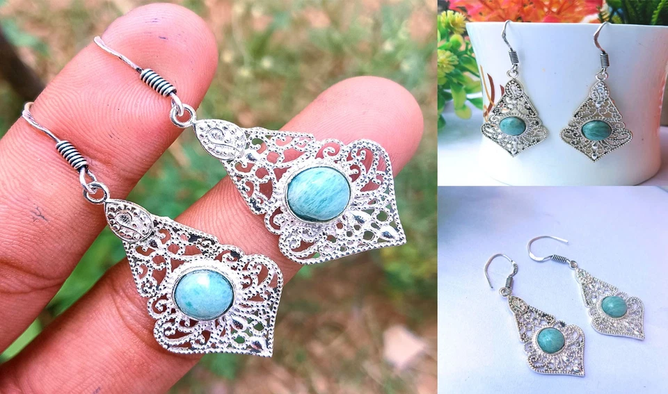 Pendientes enchapados en plata de ley 925 con piedras preciosas Larimar azules joyas hechas a mano Foto 1 de 1