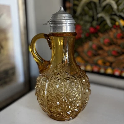 Amber Glass Syrup Dispenser Victorian 1890 Hobnail Art Brunch Yellow Pitcher - Image 1 of 4
