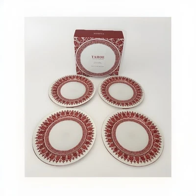 Juego de 4 platos de cena Pottery Barn Tahoe Fair Isle 11" rojo diseño nórdico nuevo Foto 1 de 4