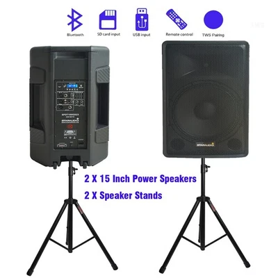 2X 15" 4Ohm Bluetooth Speakers W/ 2X Universal Adjustable Height Tripod Stands - Image 1 of 4