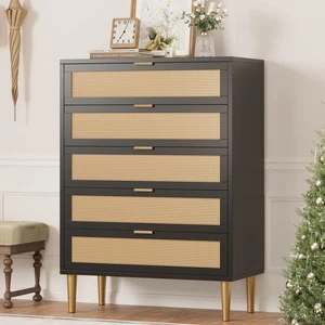 IDEALHOUSE Rattan 5 Drawer Dresser, 44'' Tall Narrow Chest of Drawer, Farmhou... - Picture 1 of 7