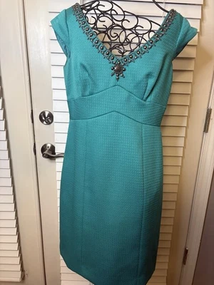 Tahari Arthur S. Levine 4P Petite Teal Sheath with Beaded V-Neck Textured Fabric - Image 1 of 4