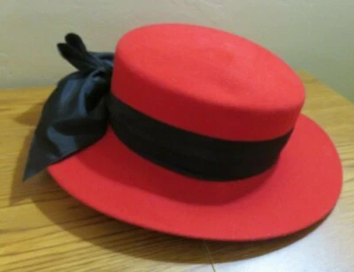 GEORGE BOLLMAN 100% ШЕРСТИ ШЛЯПА КРАСНЫЙ ЧЕРНЫЙ ЛЕНТА И БАНТ 21,5 ДЮЙМА МАЛЕНЬКИЙ - Изображение 1 из 4