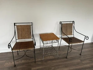 Vintage RARE boho 2 pcs. GARDEN PATIO WICKER CHAIRS classic WROUGHT IRON w/table - Picture 1 of 18